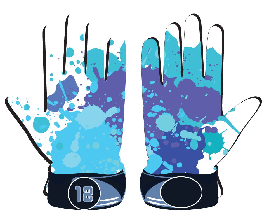Blue Splatter Glove with leather front, spandex back, neoprene cuff, and shock-absorbent features for durable, flexible, and comfortable sports performance.